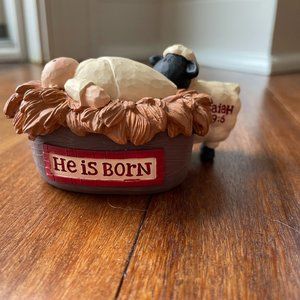NEW Blossom Bucket Resin Jesus in the Manger with Sheep - "He is Born/Isaiah 9:6